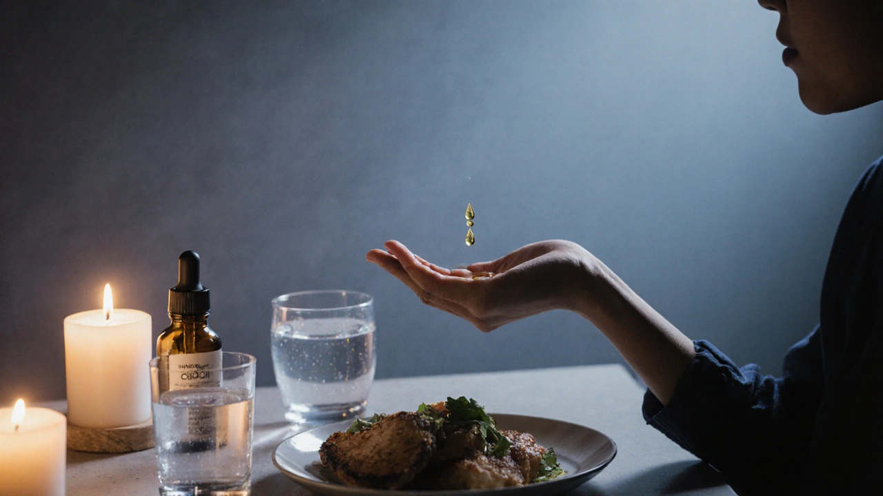 Abendsitz mit CBG‑Öl, Essen, drei Tropfen werden auf Hand gelegt.