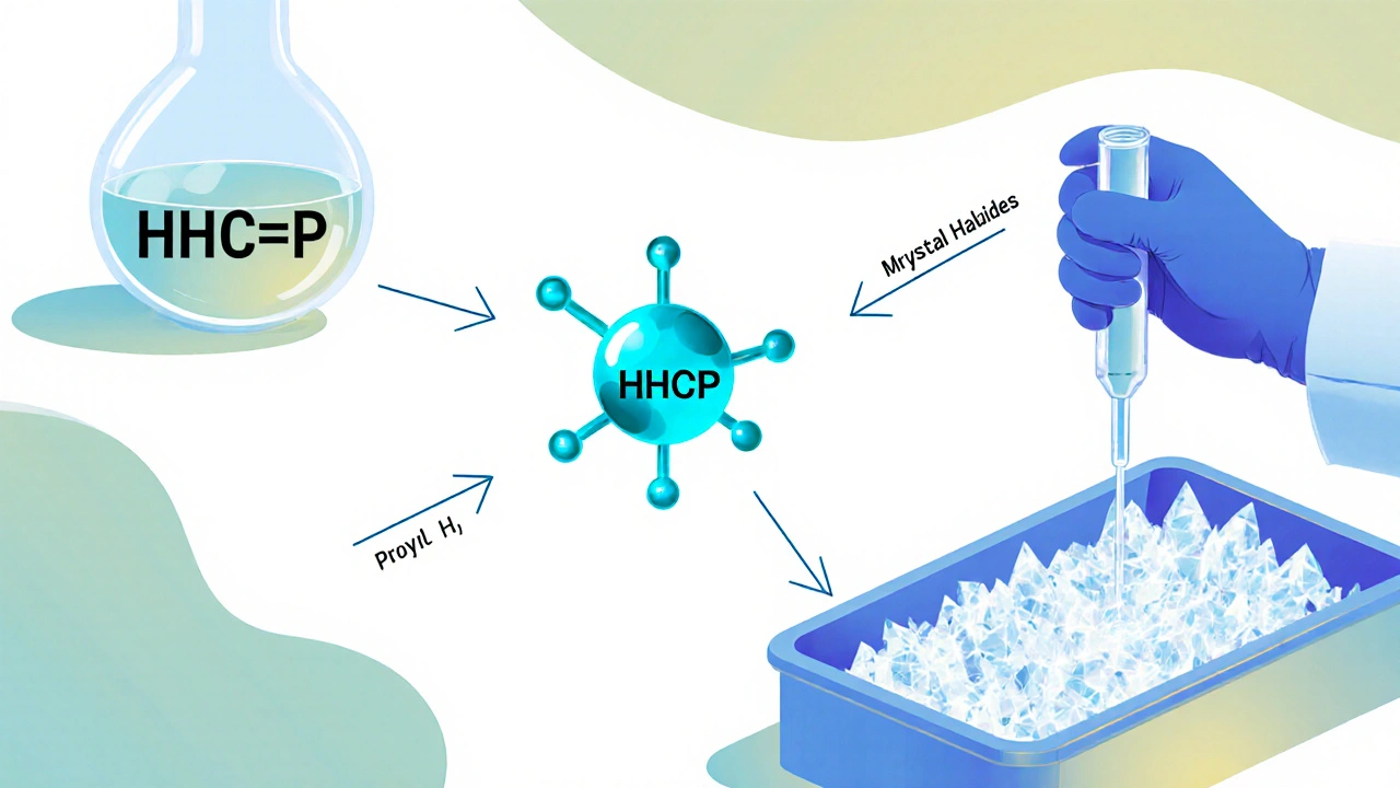 Chemiker im Labor, HHCP‑Molekül entsteht durch Alkylierung.