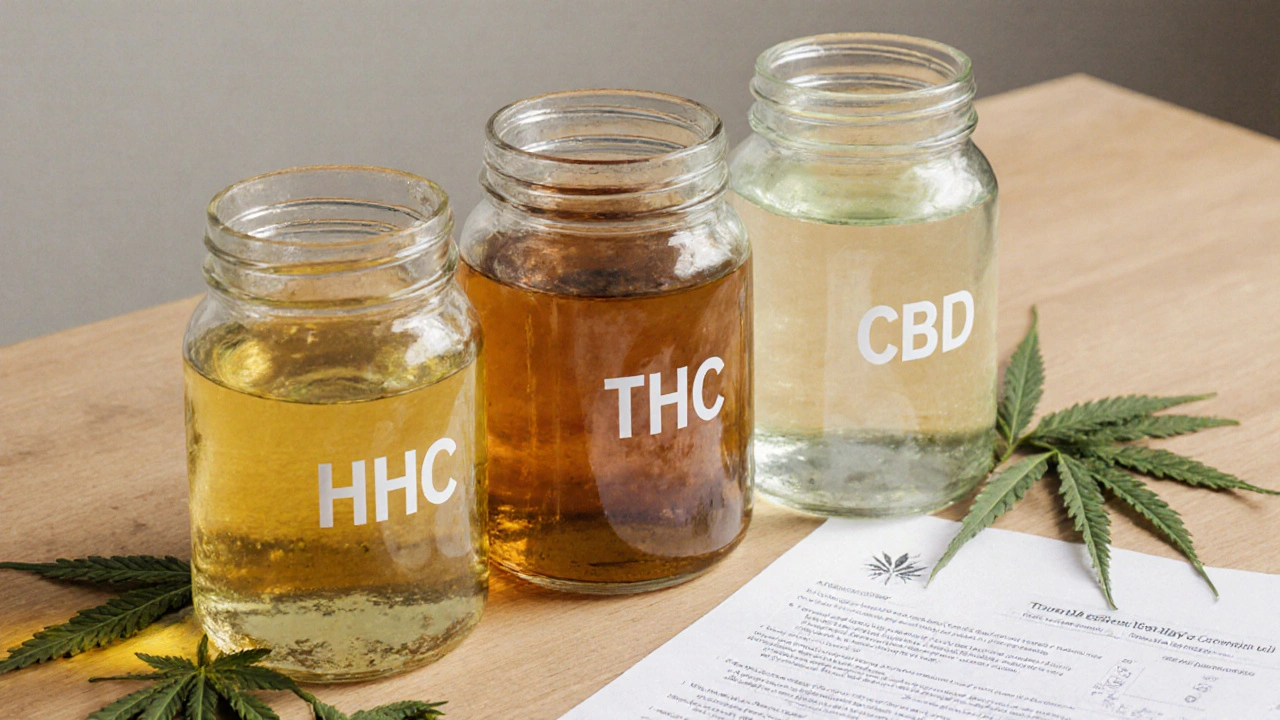 Drei Gläser mit HHC, THC und CBD im Vergleich auf Holztisch mit Laborbericht