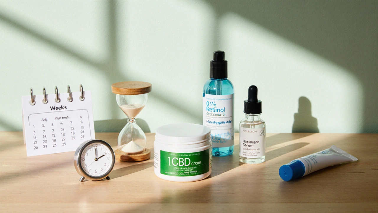 Flachlage einer Pflegeroutine mit CBD‑Creme, Retinol‑Serum und Hyaluronsäure.