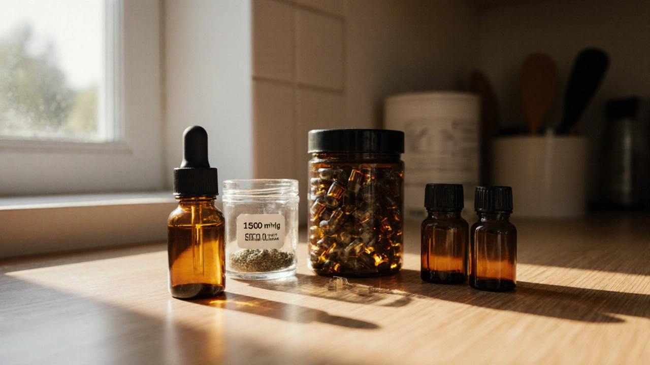 Flachliegende Anordnung verschiedener CBD‑Produkte, von Tropfflaschen bis Kapseln, mit einer auffälligen Menge, die 1500 mg symbolisiert.