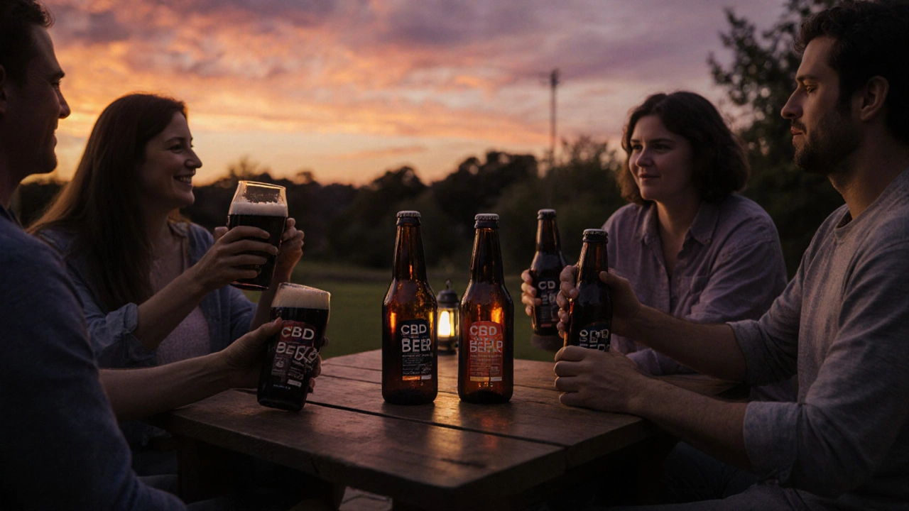 Freunde genießen CBD‑Bier entspannt bei Sonnenuntergang.