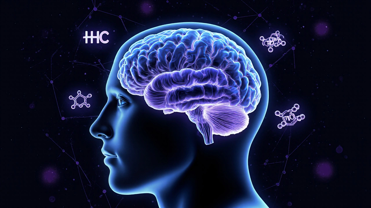 Gehirn mit molekularen Strukturen von HHC, THC und CBD in sanften Farben