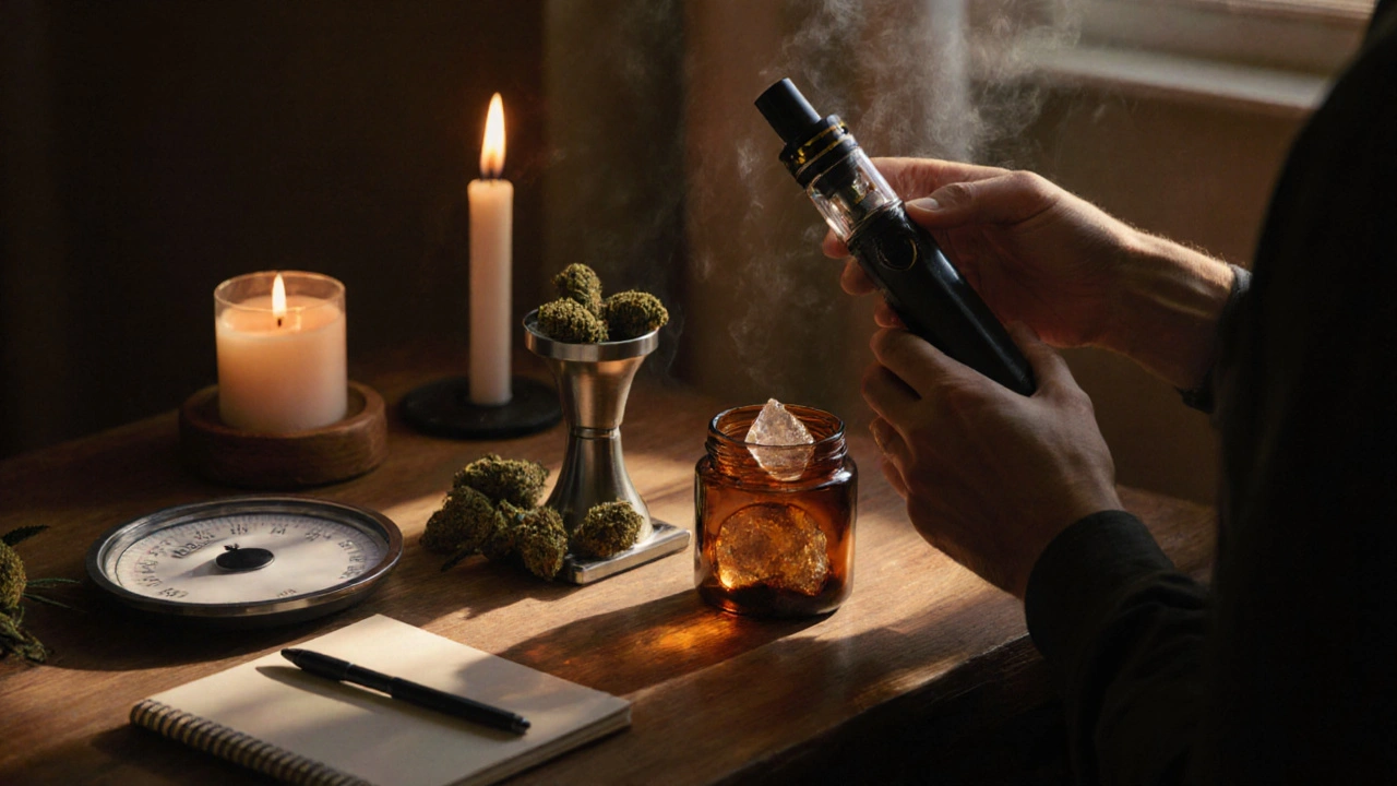 Gemälde einer Person, die neben Shatter‑Glas, Buds und Vaporizer auf einem Tisch nachdenklich wählt.