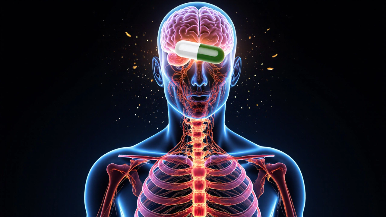 Glowendes Endocannabinoid-System im menschlichen Körper, beeinflusst von einer CBD-Kapsel.