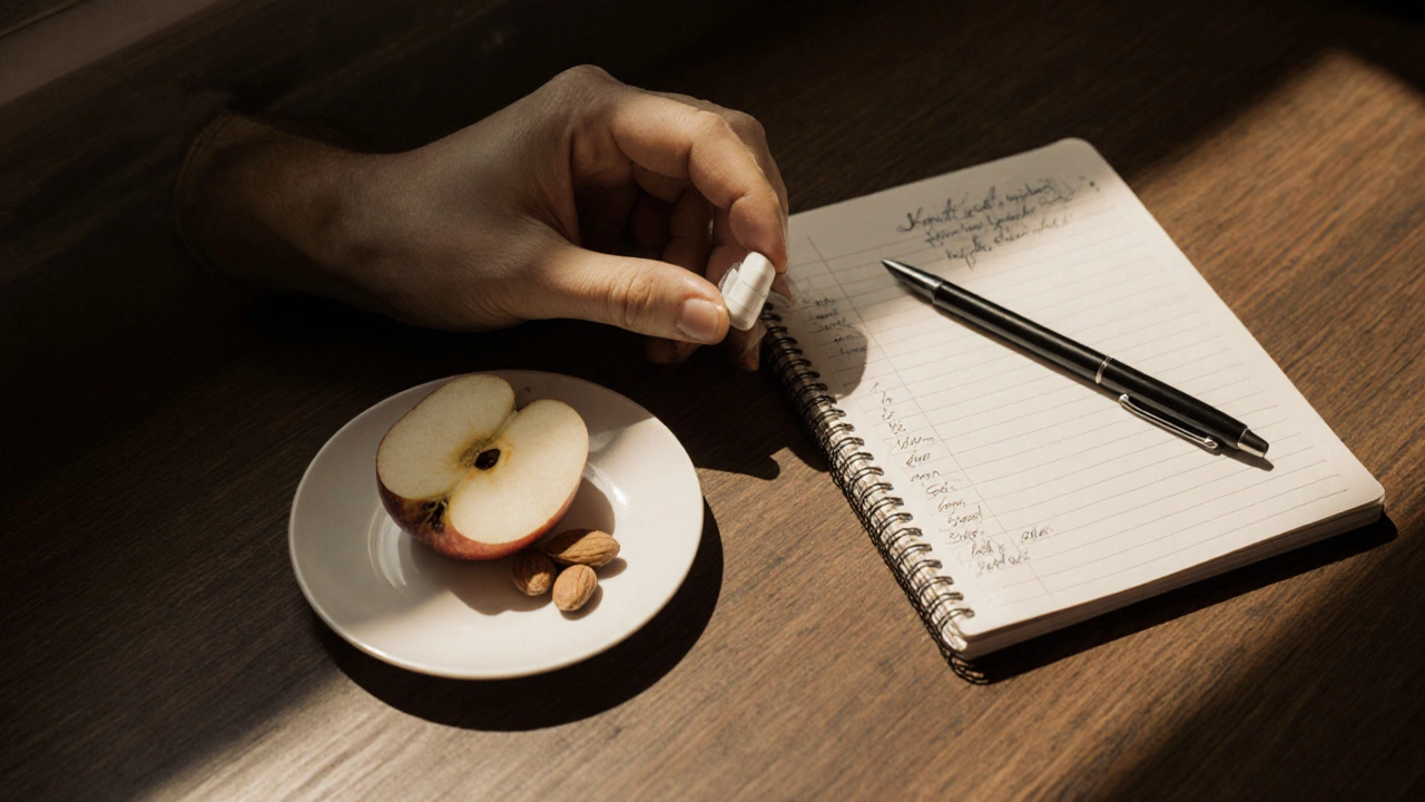 Hand hält CBD‑Kapsel neben einem kleinen Obstsnack und Notizblock mit Dosierungs‑Aufzeichnungen.