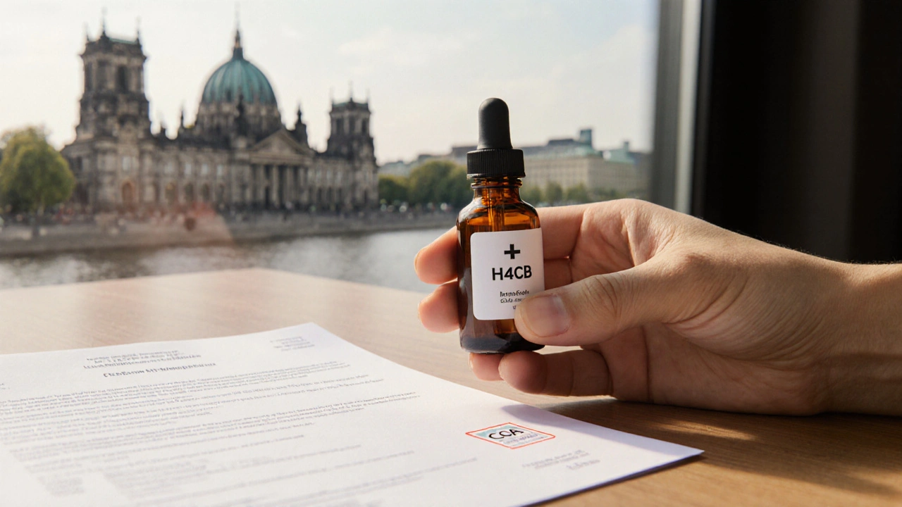 Hand hält H4CBD‑Fläschchen neben Laborbericht, im Hintergrund deutsches Regierungsgebäude.