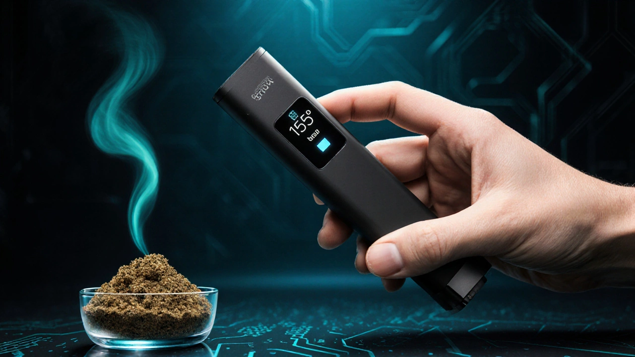 Hand hält Vape‑Pen bei 165 °C neben Hanfblüte, Dampf.