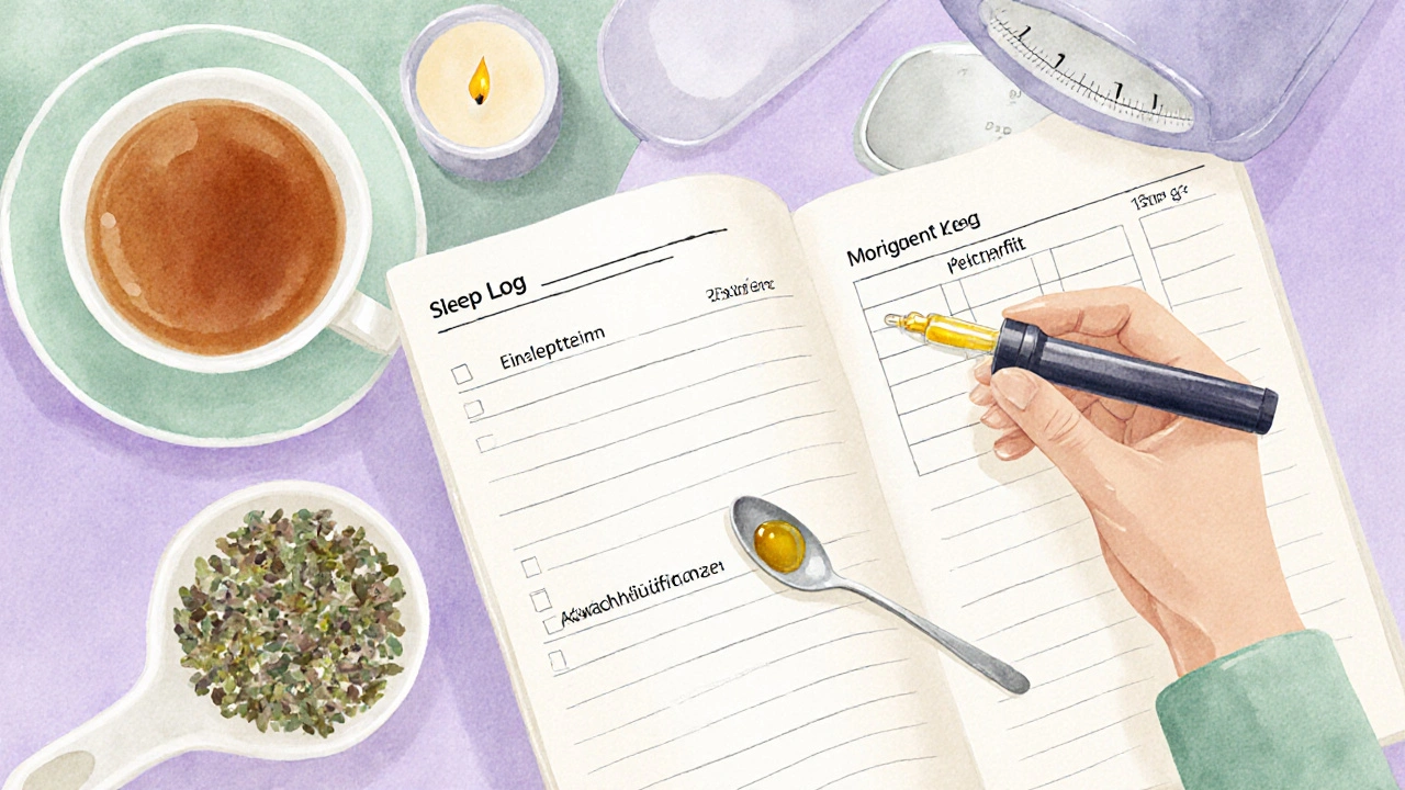 Hand mit CBD‑Tropfer, Schlaf‑Logbuch und Tee in einer beruhigenden Aquarellszene.