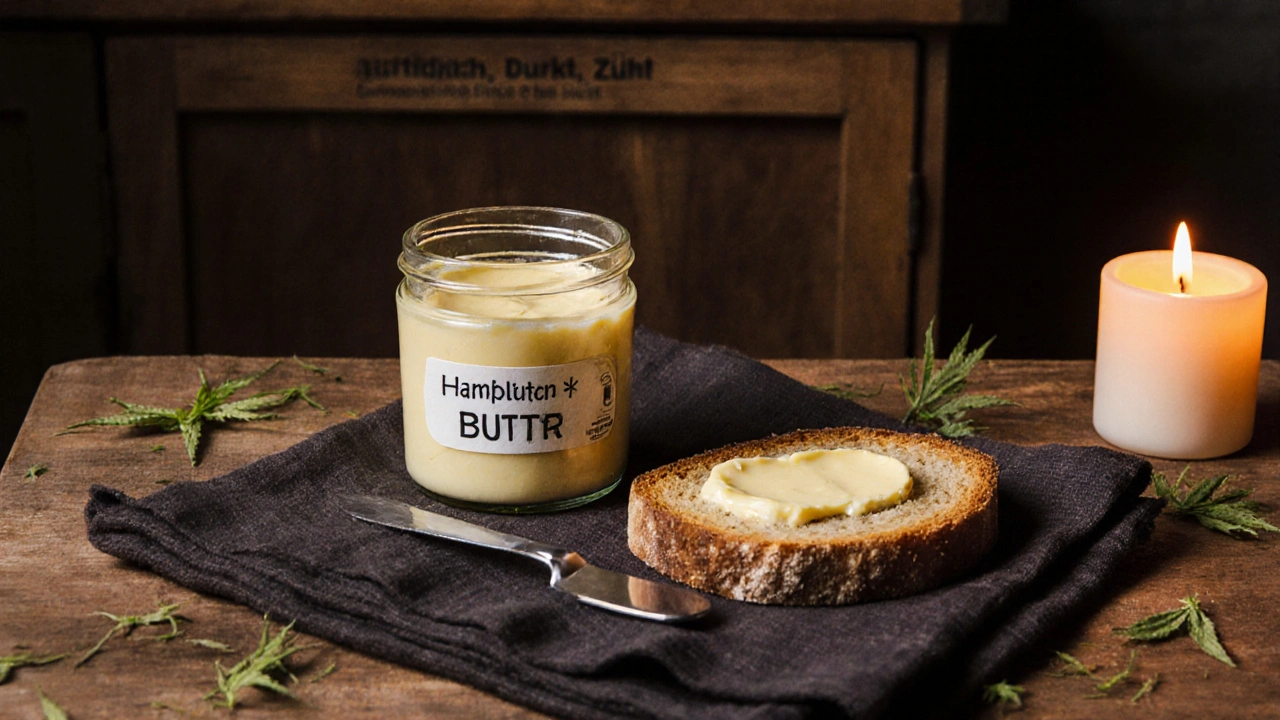 Hanfblüten‑Butter im Glas auf Tisch, Kerze leuchtet.
