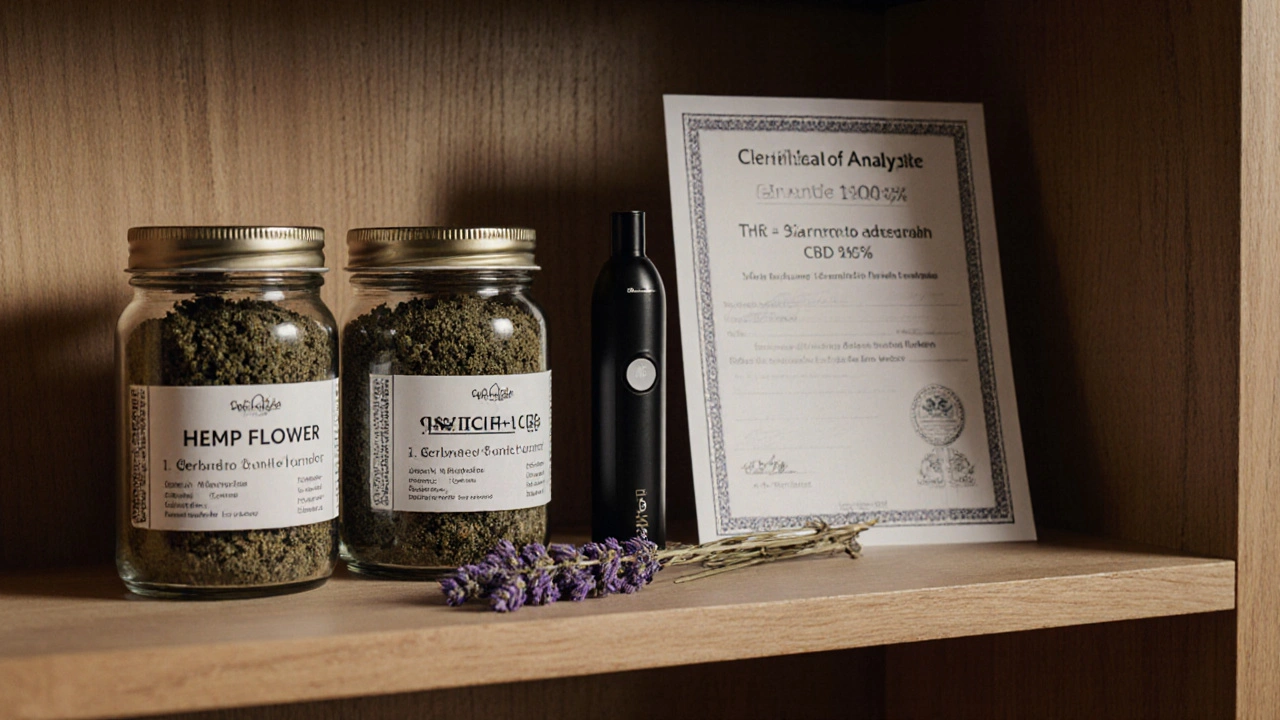 Hochwertige Hanfblüten in Gläsern mit Laborzertifikat in einer Apotheke.