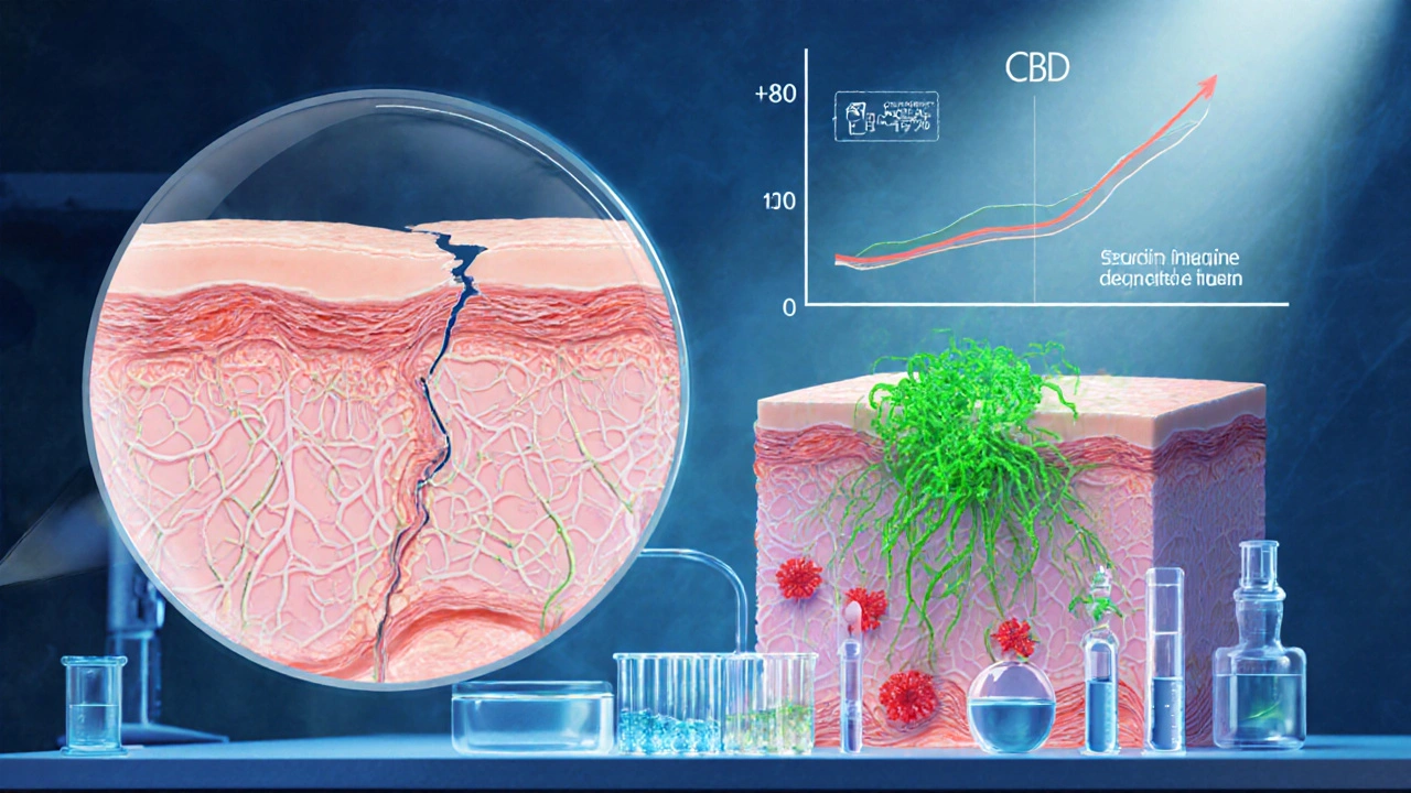 Illustration von Haut, CBD‑Molekülen wirken entzündungshemmend und steigern Kollagen.