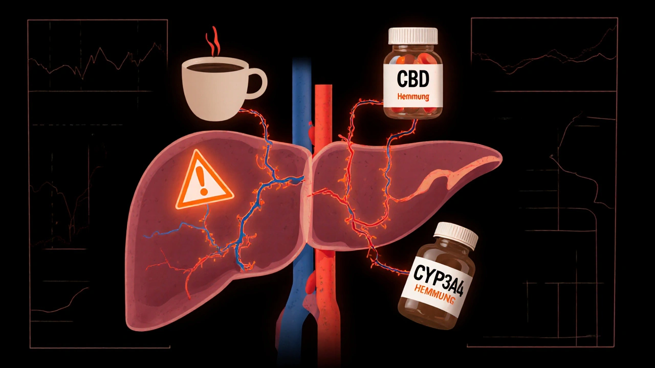 Leber mit pulsierenden Warnzeichen, verbunden mit CBD-Gummibärchen, Kaffee und Medikamenten durch rote Fäden.