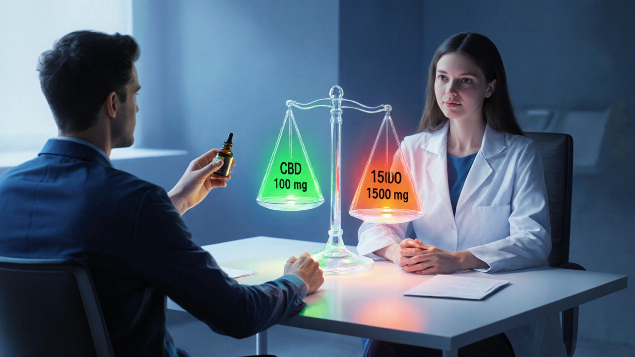 Person berät sich mit Ärztin, hält ein kleines CBD‑Tropfenfläschchen, während ein Balanciergewicht sichere versus zu hohe Dosen visualisiert.