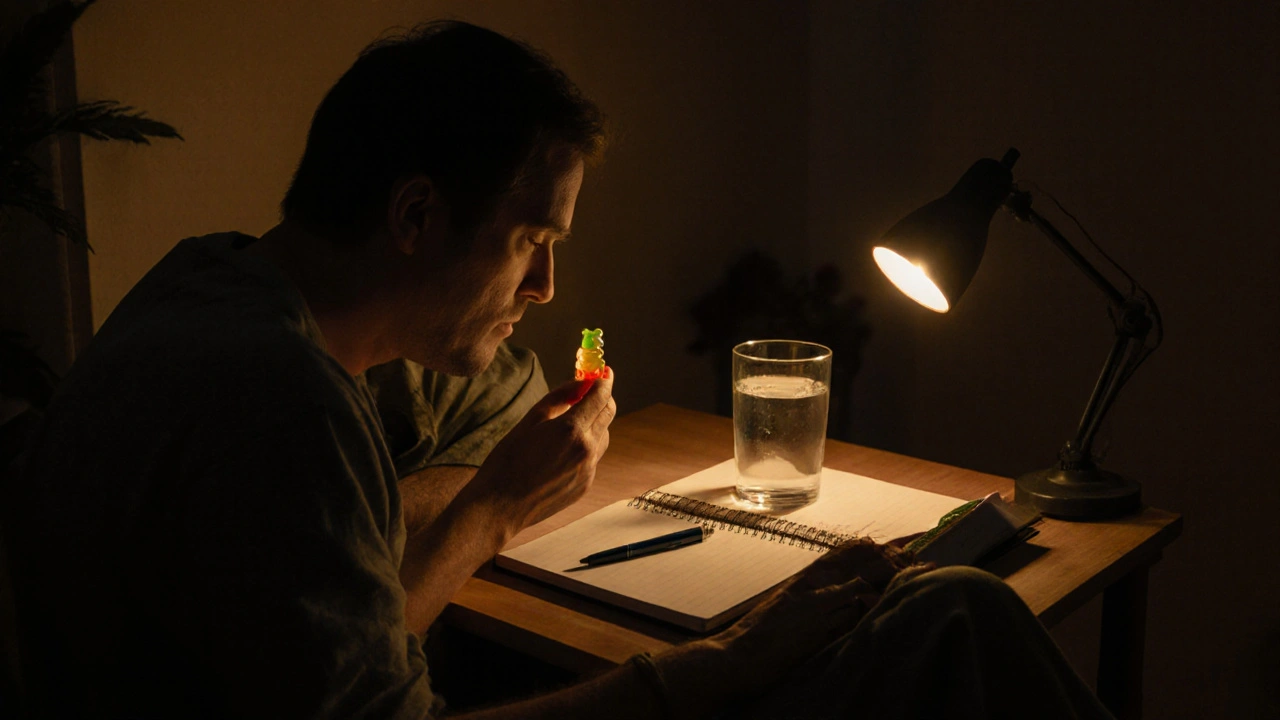 Person hält ein Edible‑Gummibärchen, Notizbuch und Wasser, gemütliche Abendstimmung.