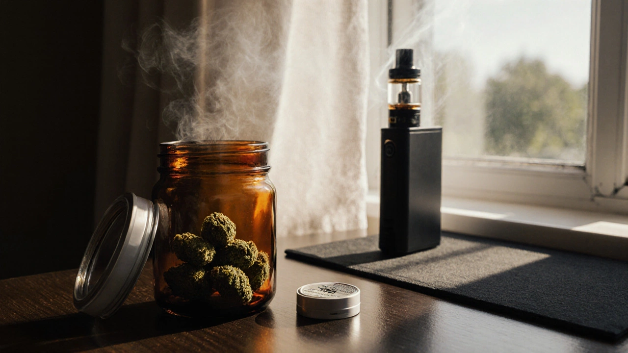 Saubere Aufbewahrung: Glasbehälter, Feuchtigkeitsregelung, Vaporizer mit Kohlefilter neben offenem Fenster.