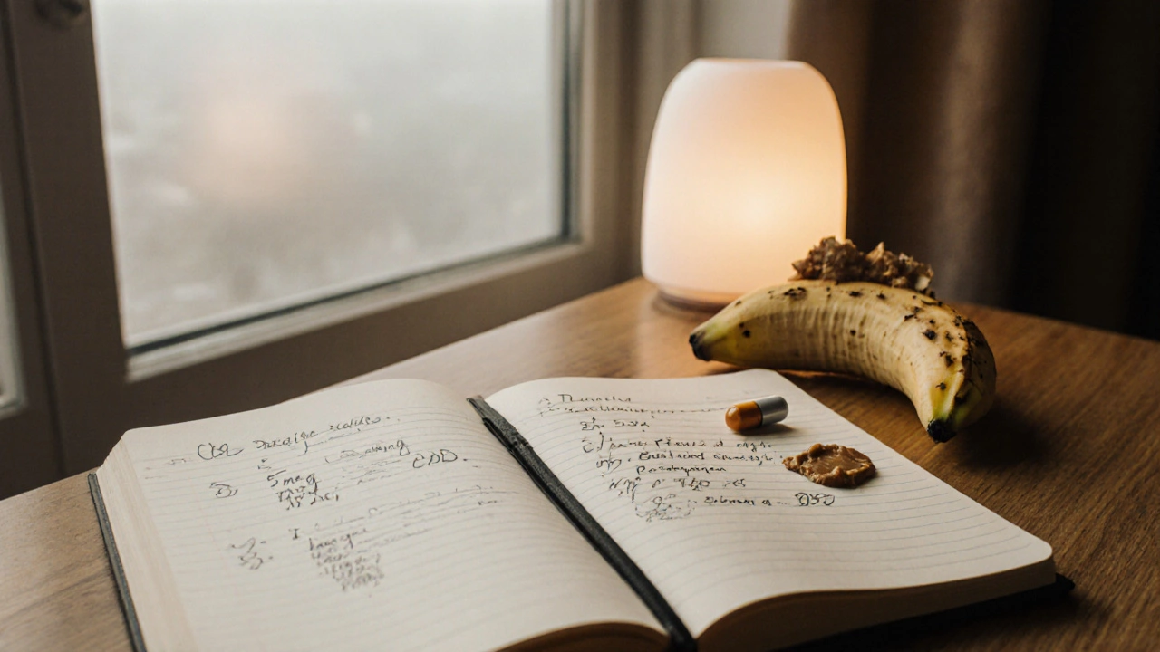 Tagesjournal mit CBD-Dosierungsnotizen und Banane mit Erdnussbutter auf Holztisch.