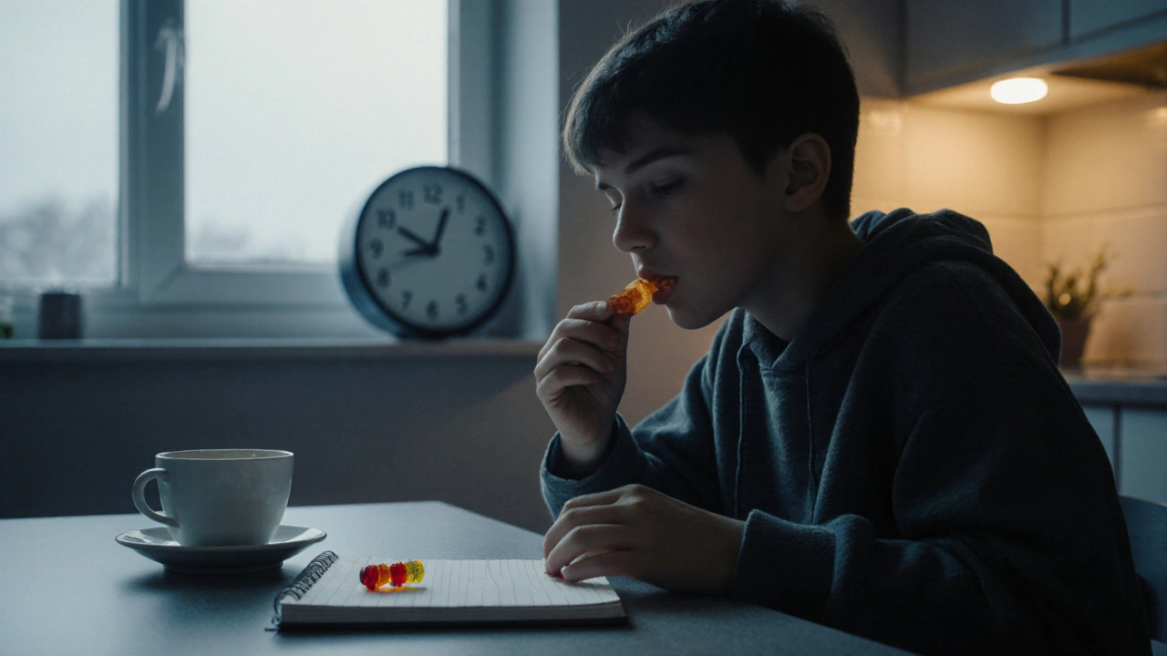 Teenager hält ein CBD-Gummibärchen am Küchentisch, müde Augen, morgendliches Licht, leere Tasse daneben.