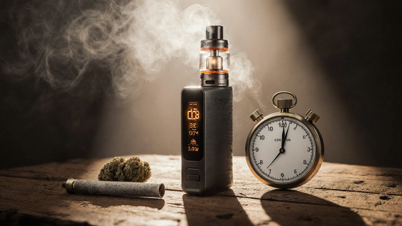 Vaporizer, Joint und Uhr auf Holzoberfläche, Symbol für schnelle Wirkung.