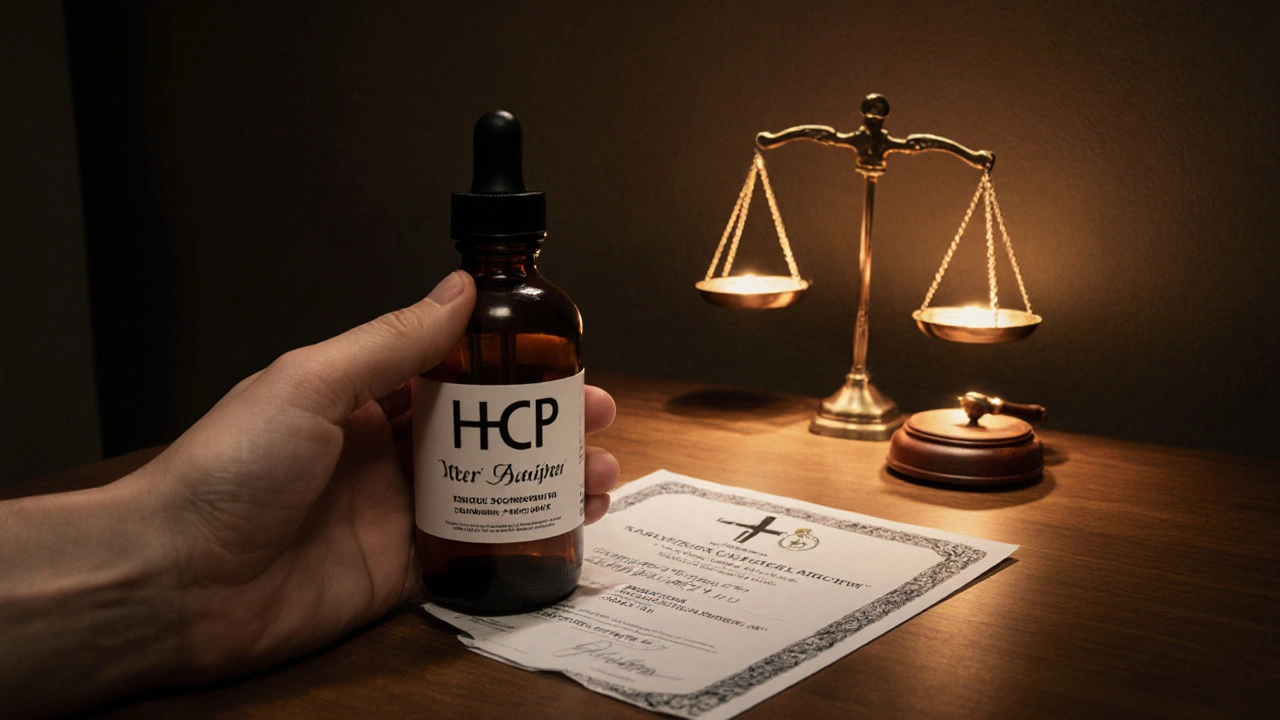 Verbraucher prüft ein Laborzertifikat neben HHCP‑Fläschchen.