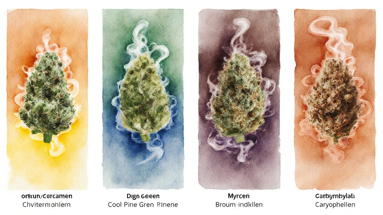 Vier Bildabschnitte zeigen CBD‑Blüten mit farbigen Aroma‑Nebel für unterschiedliche Terpene.