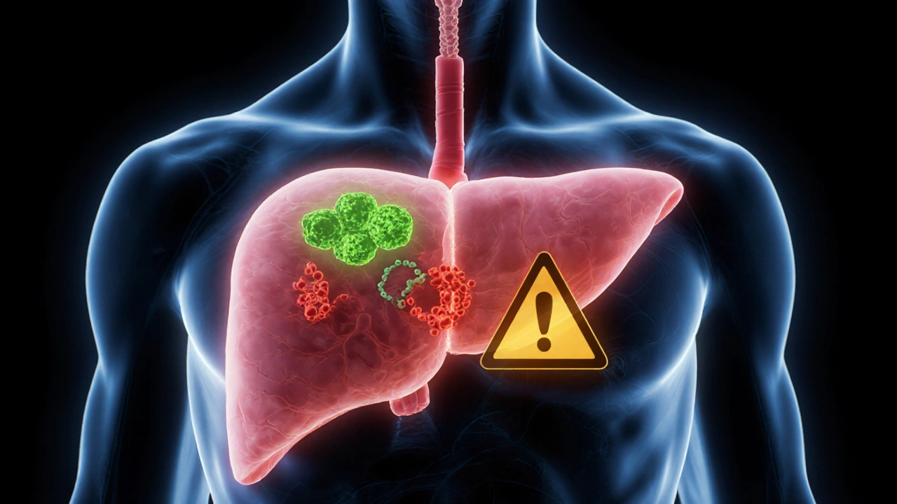 Anatomische Darstellung der Leber mit CBD- und Medikamentenmolekülen in Wechselwirkung.