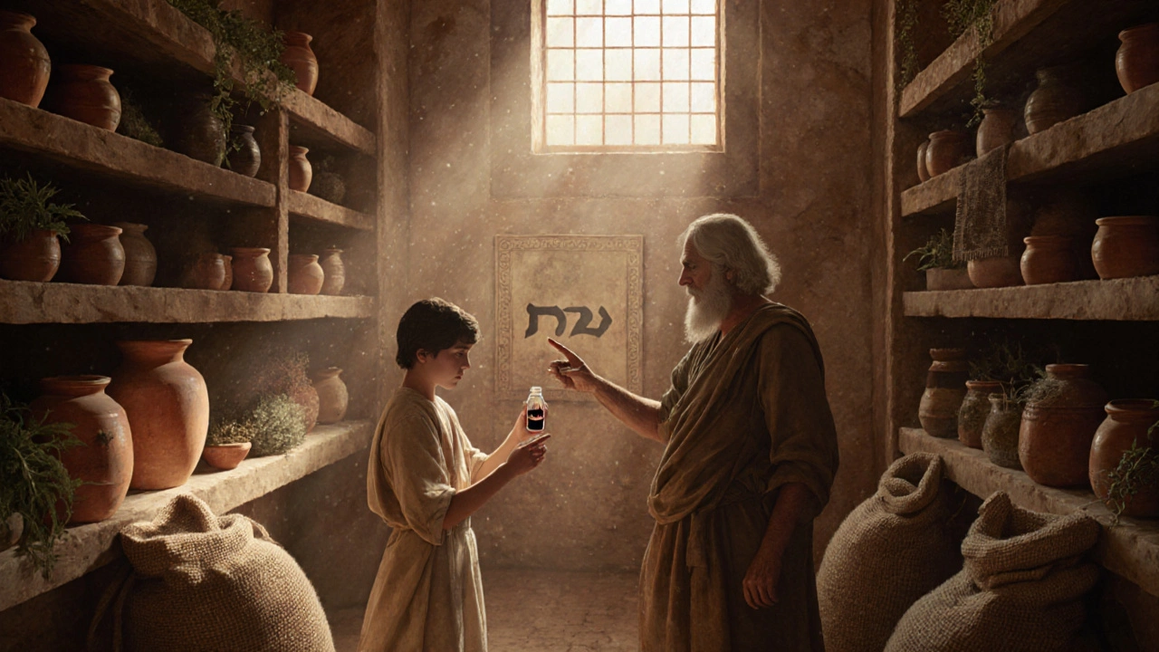 Antike griechische Apotheke mit Krügen, Salben und einer Tafel mit dem griechischen Wort für Cannabis.