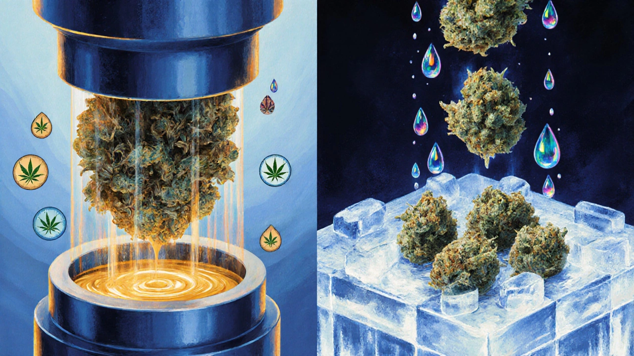 Aufgeteilte Darstellung: Trockene Blüten werden zu Wachs verarbeitet vs. gefrorene Blüten mit lebendigen Terpenen.