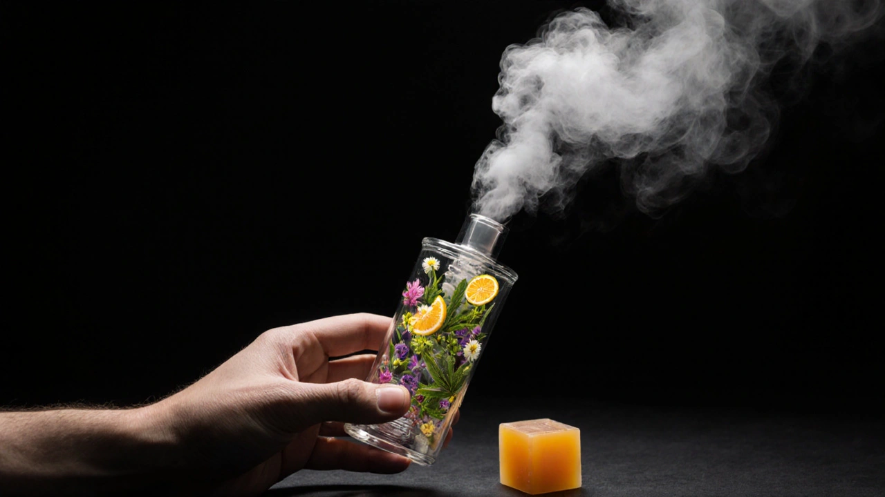 Dab-Rig mit Dampfwolke, die sich in Pflanzenelemente verwandelt, neben einem abgelegten Wachswürfel.