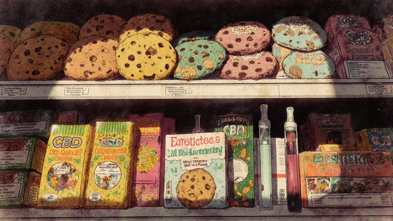 Dispensary-Regal mit auffälligen THC-Produkten vorne und verstaubten CBD-Cookies hinten.