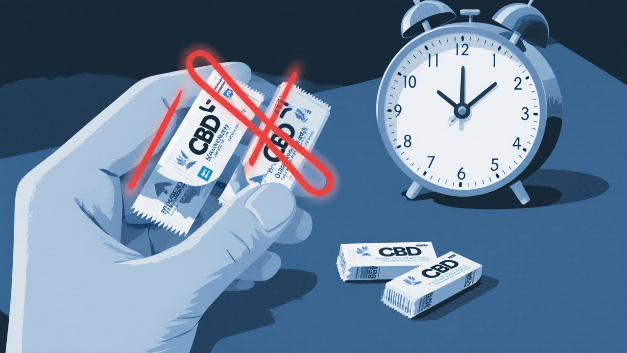 Drei CBD-Kaugummi mit Warnlinie, daneben zwei unberührte Stücke und eine Uhr.