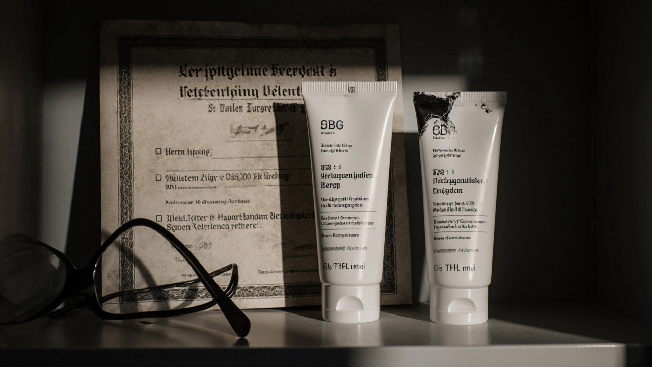 Drei CBG-Produkte auf Apothekenregal, eines mit verstecktem THC, daneben abgeblättertes Zertifikat und fragwürdige Werbeaussagen.