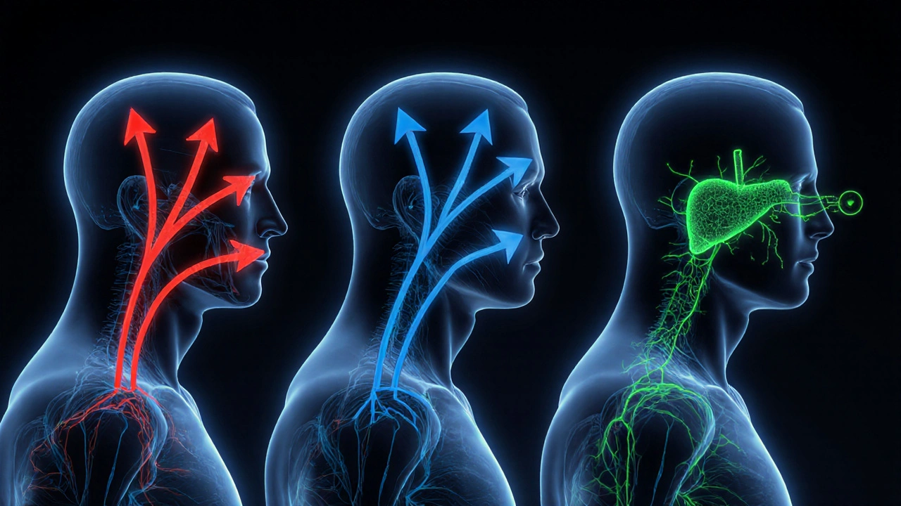 Drei Körpersilhouetten zeigen unterschiedliche CBD-Aufnahmewege mit farbigen Pfaden.