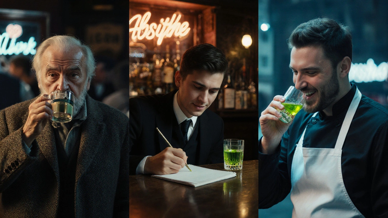 Drei verschiedene Menschen in einer Bar — ein alter Mann, ein Künstler und ein Koch — trinken Absinth in unterschiedlichen Stimmungen.
