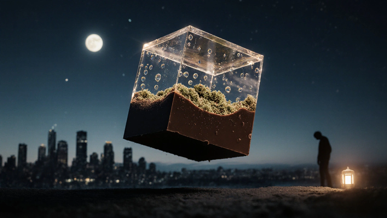 Durchsichtige Schokoladenwürfel mit leuchtenden Cannabistrichomen und Terpen, über einer ruhigen Stadtlandschaft.