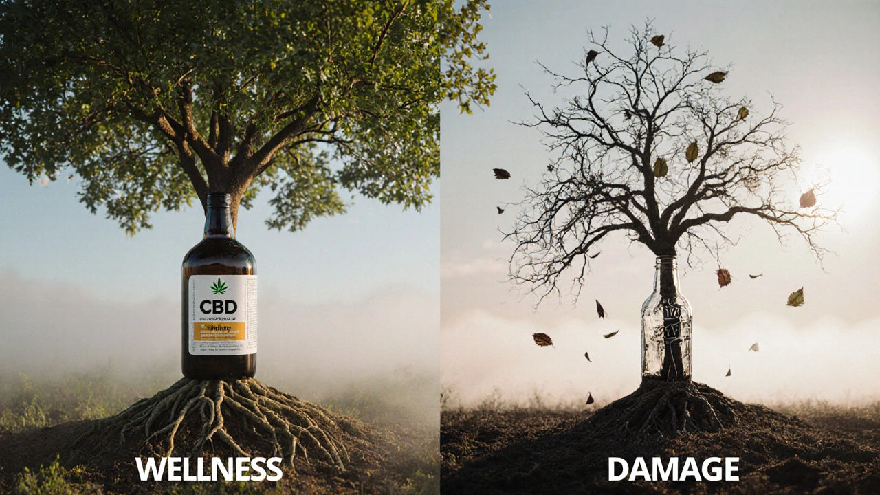 Ein gesunder Baum mit CBD-Wurzeln wächst neben einem verdorrten Baum, dessen Wurzel eine Whiskyflasche ist.