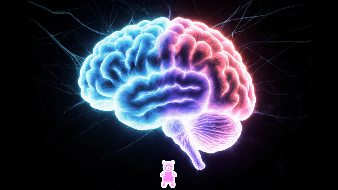 Ein menschliches Gehirn mit zwei unterschiedlichen Energiepfaden, symbolisch für CBD und HHC.