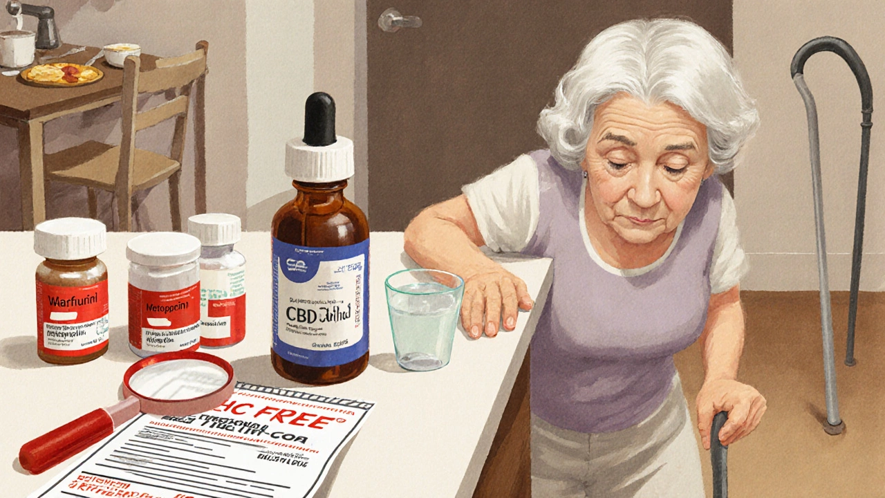 Eine ältere Frau steht unsicher in der Küche, CBD-Öl und Rezepte auf dem Tisch, ein COA-Zertifikat liegt vor ihr.
