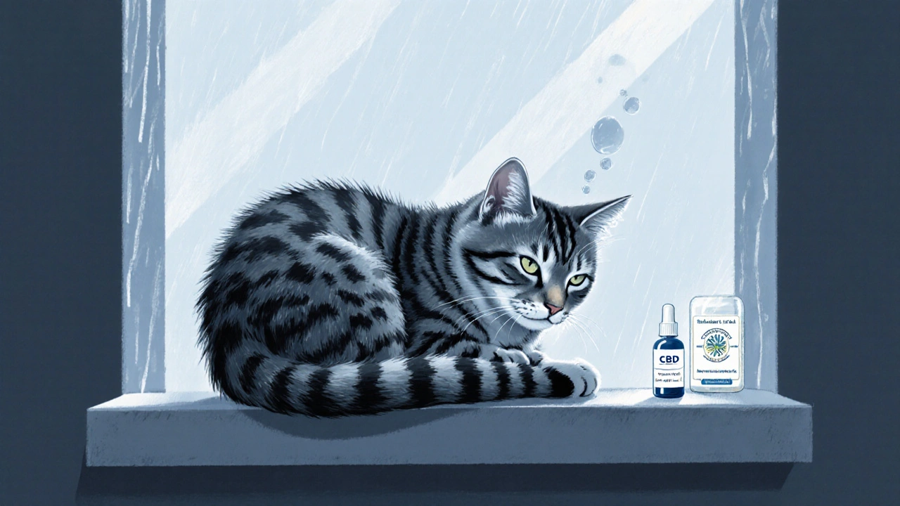 Eine Katze sitzt friedlich am Fenster, nachdem CBD ihre Angst vor Regen gelindert hat.