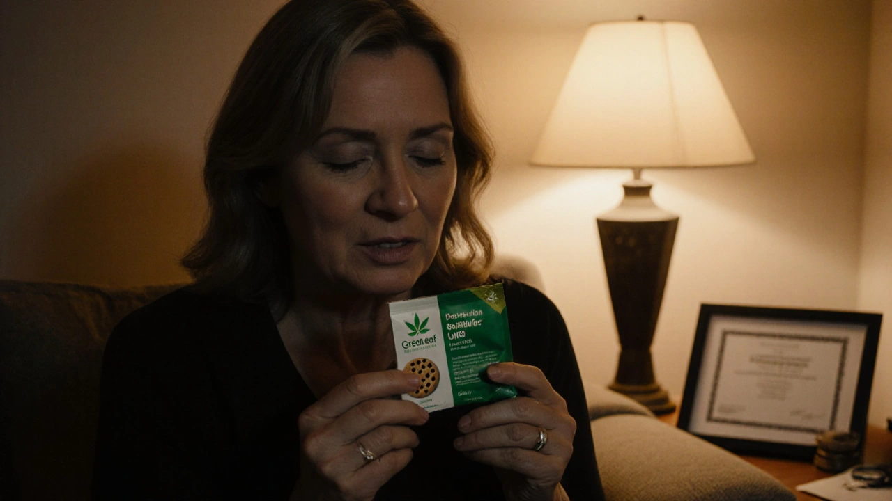 Frau genießt beruhigend einen CBD-Cookie in ruhiger Abendatmosphäre mit Zertifikat auf dem Tisch.