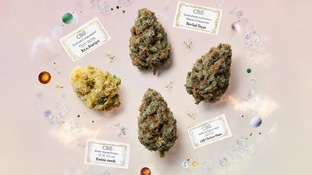 Fünf verschiedene CBD-Sorten mit charakteristischen Aromaprofilen in botanischer Anordnung