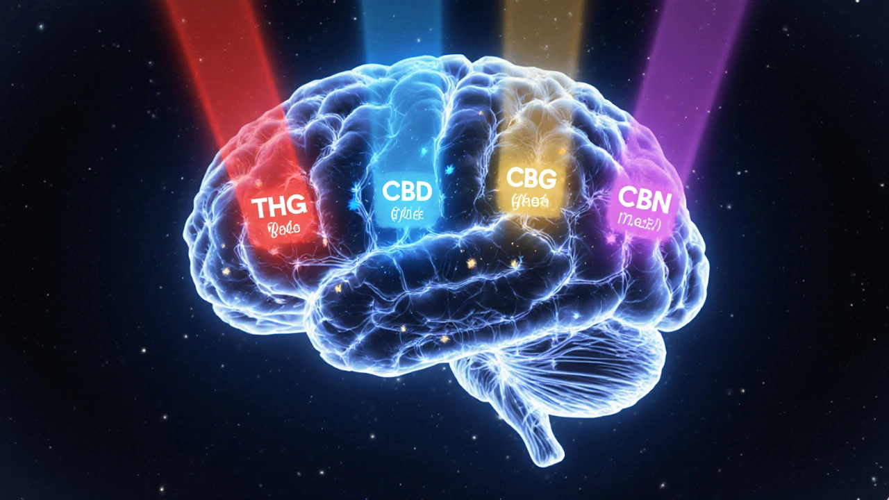 Gehirn mit farbigen Lichtstrahlen, die verschiedene Cannabinoide und ihre Wirkungen darstellen