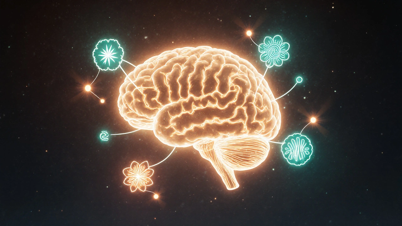 Gehirn mit Lichtmustern, verbunden mit fünf CBD-Blüten, symbolisierend Wirkung und Balance