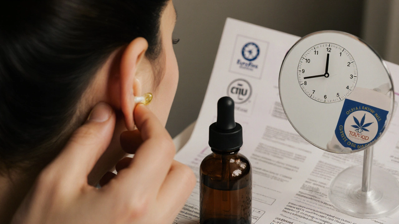 Hand, die CBD-Öl hinter dem Ohr aufträgt, mit einem Zeitraffer-Effekt und Laborberichten im Hintergrund, symbolisierend einen Patch-Test.