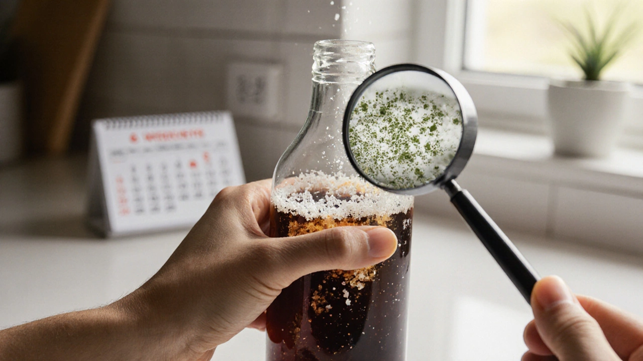 Hand schüttelt eine Flasche mit Cannabis-Getränk, die bei Kälte flockt, mit Lupe, die Partikel sichtbar macht.