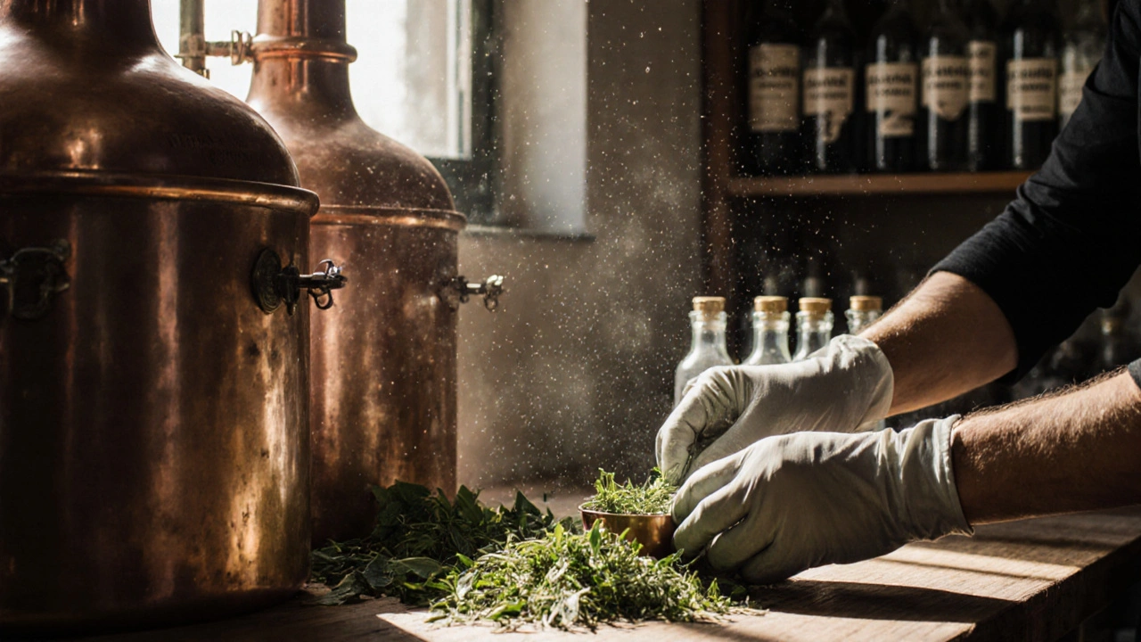 Handwerkliche Destillation von Absinth in einer kleinen deutschen Destillerie mit frischen Kräutern und Kupferstillen.