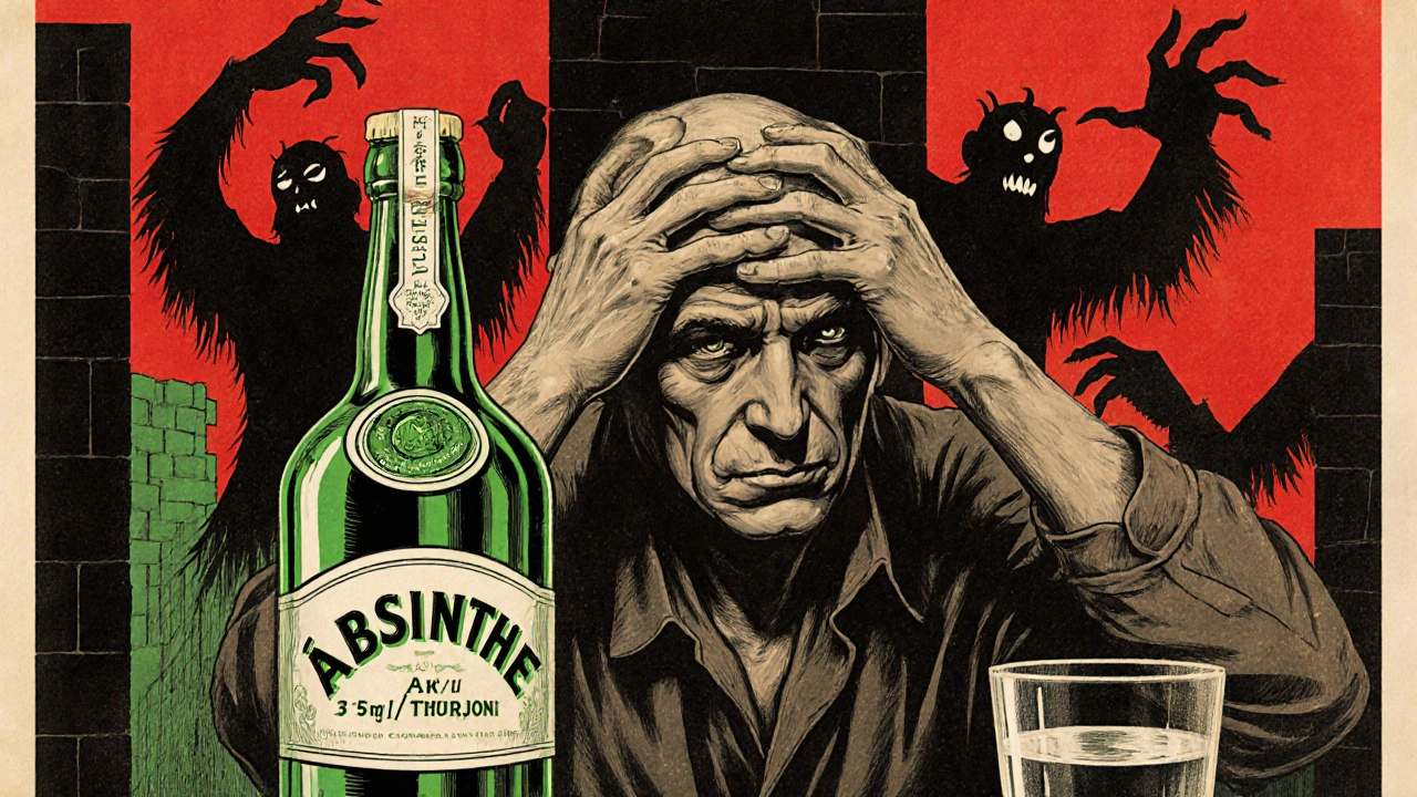 Historische Propaganda-Poster: verzweifelter Mann vs. klares Absinth-Label, stilisierte Gegenüberstellung von Angst und Wahrheit.