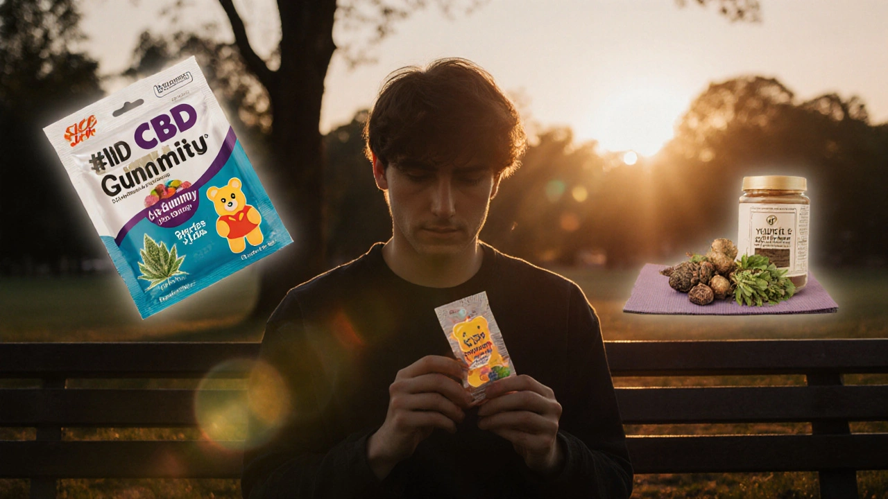 Junge Person auf Bank bei Dämmerung, hält HHC-Gummibärchen, daneben unscharfe Symbole für sichere Alternativen.