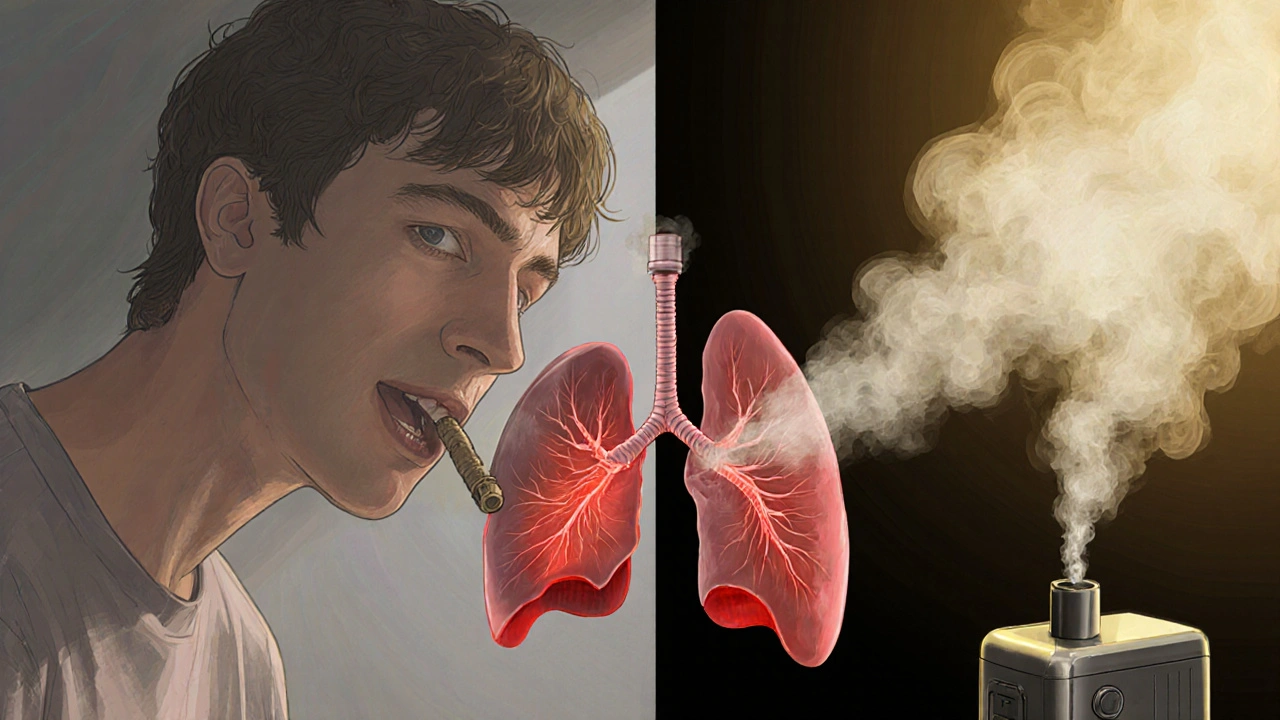 Junge Person wählt zwischen Joint und Vaporizer – rauchende Lunge gegenüber gesunder Verdampfung.