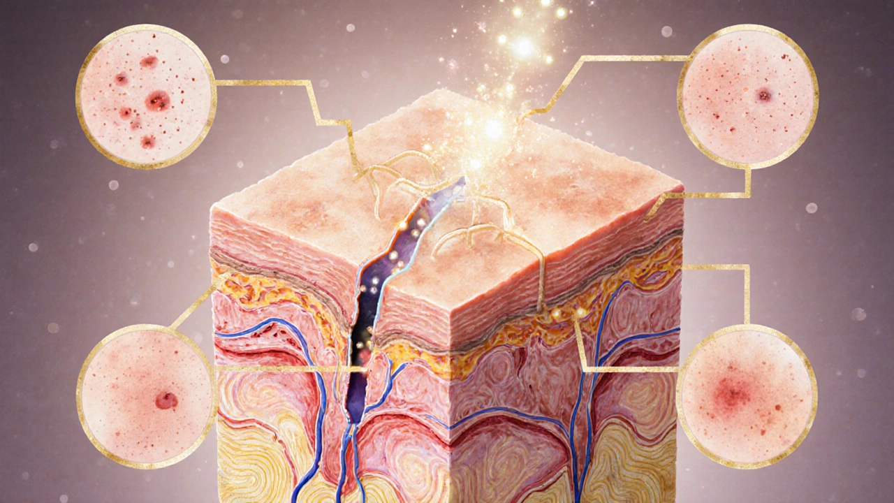 Kreuzschnitt der Haut mit CBD-Molekülen, die Entzündungen beruhigen und Talgproduktion regulieren, wissenschaftlich-ästhetische Darstellung.